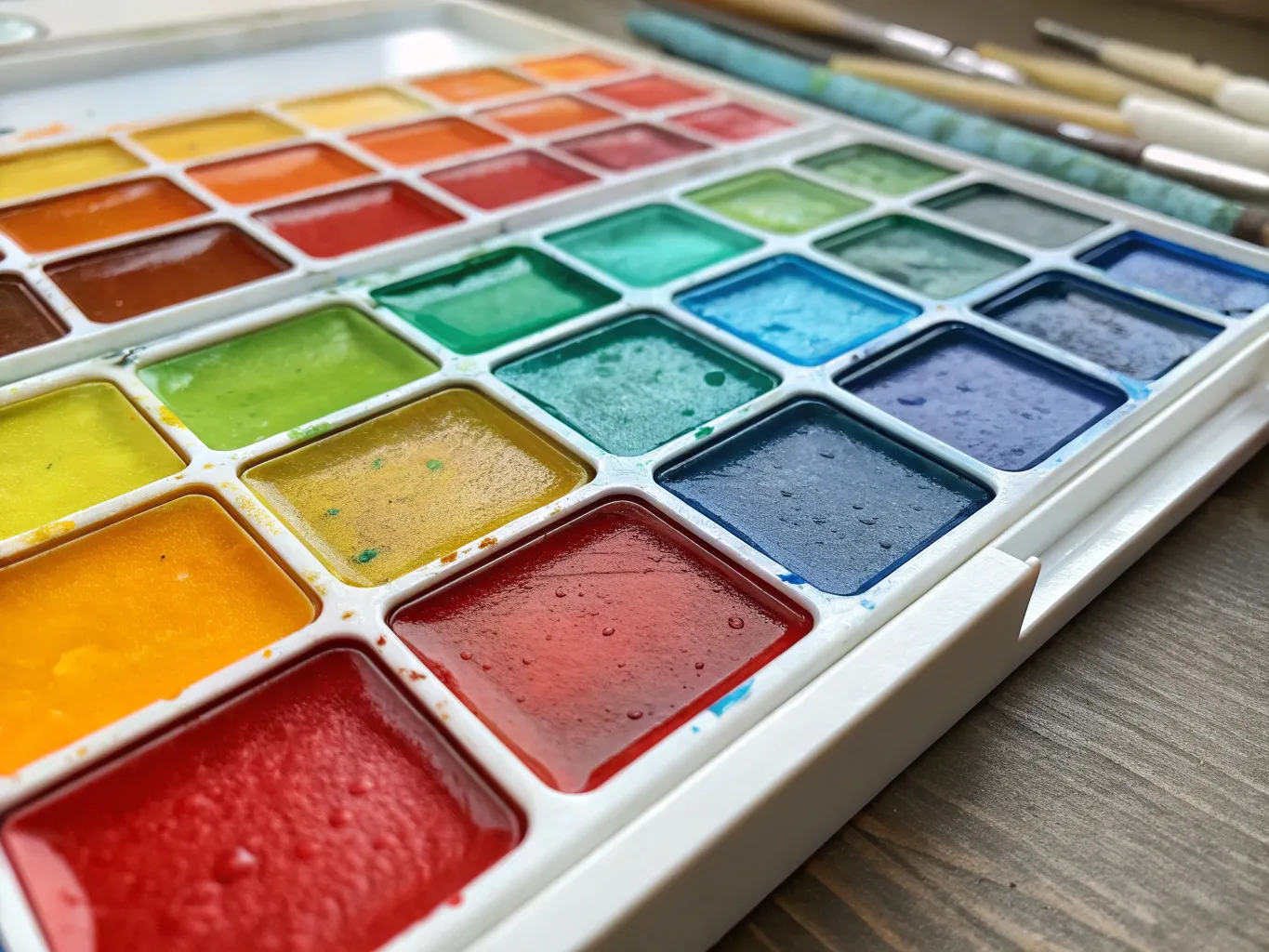 Colorful watercolor palette with various paint colors