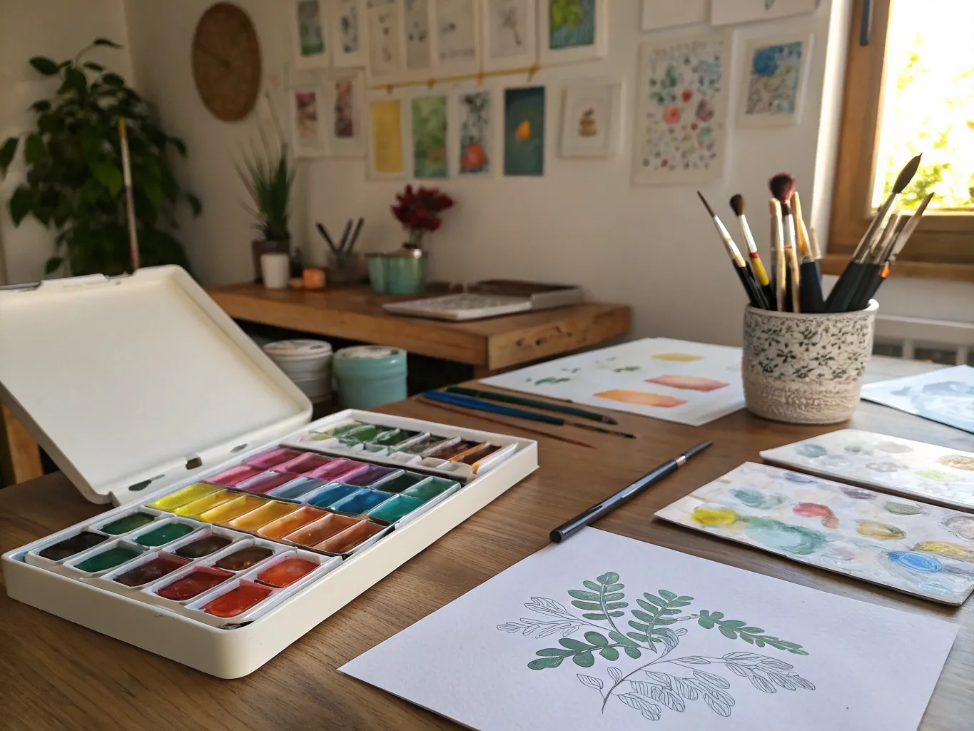 Artist's workspace with watercolor paints, brushes, and paper
