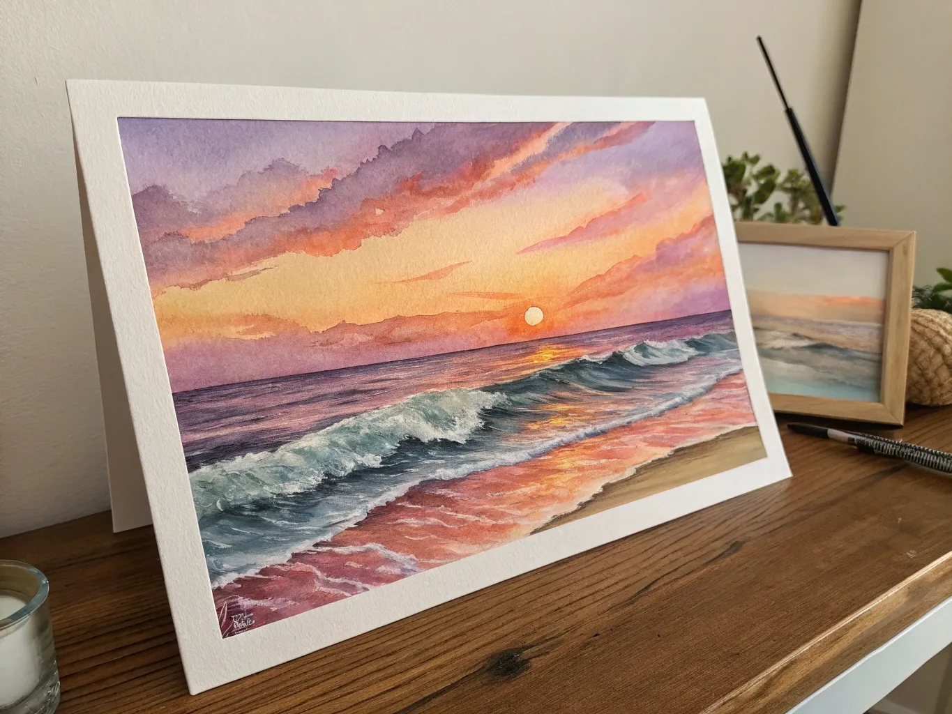 Watercolor painting of a sunset over ocean waves