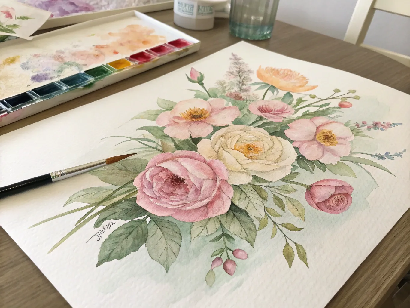 Delicate watercolor flowers in soft pastel colors