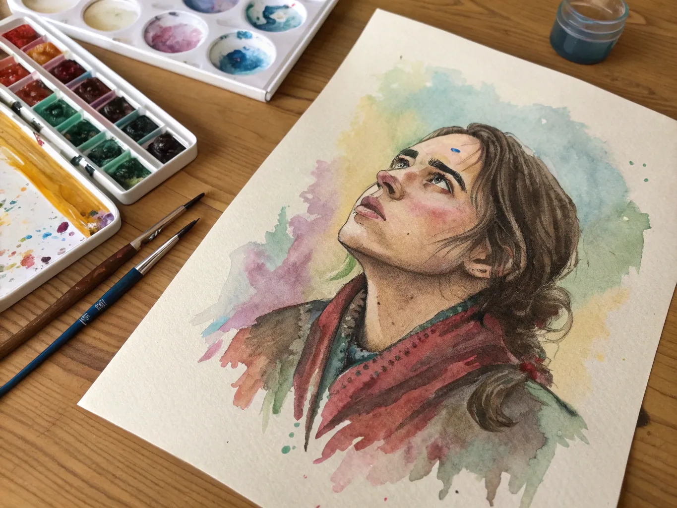 Watercolor portrait showing expressive brushwork