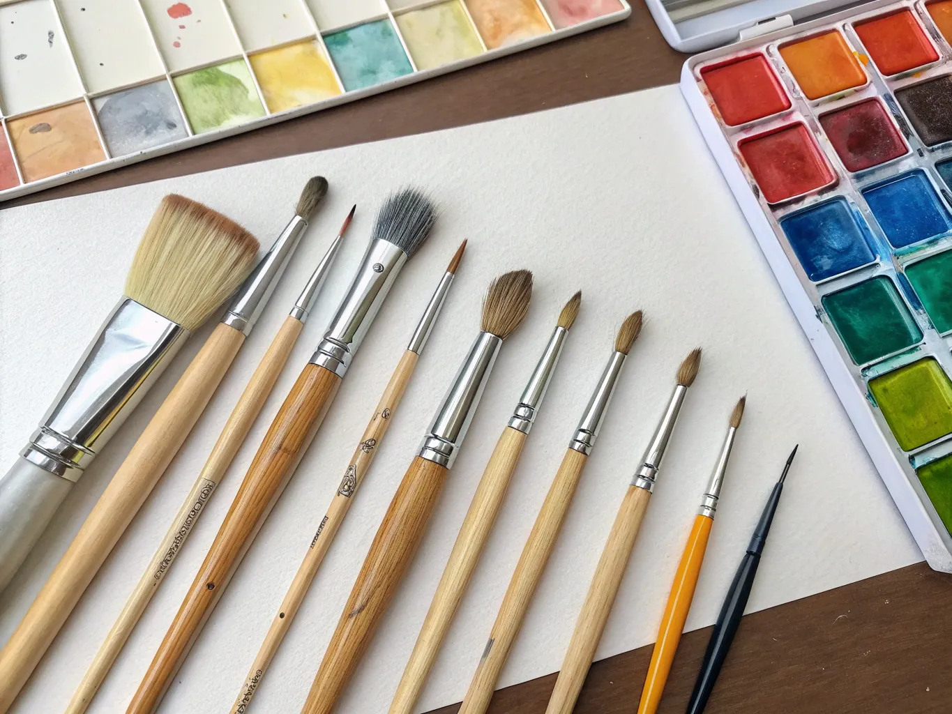 Various watercolor brushes arranged showing different shapes and sizes