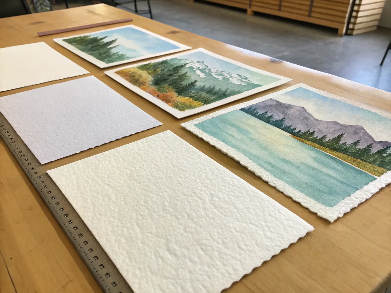 Different watercolor paper textures and weights displayed side by side