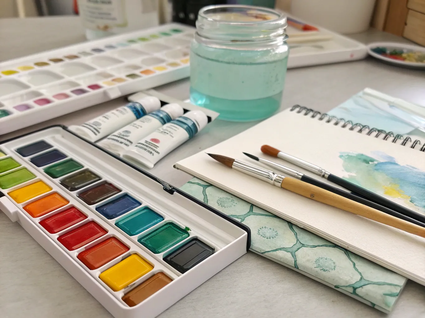 Professional watercolor materials arranged on artist's workspace