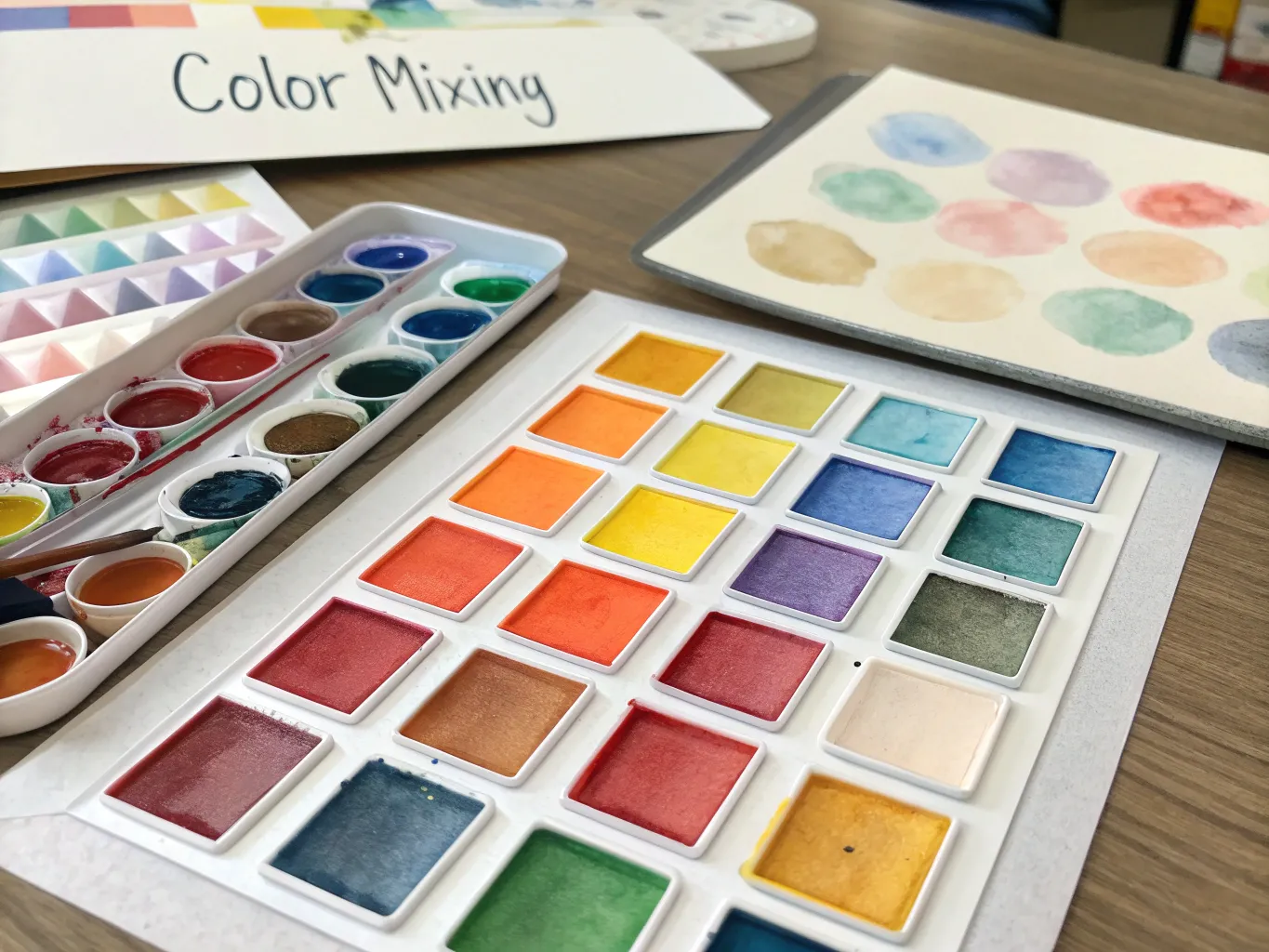 Watercolor color mixing demonstration showing various hues and combinations