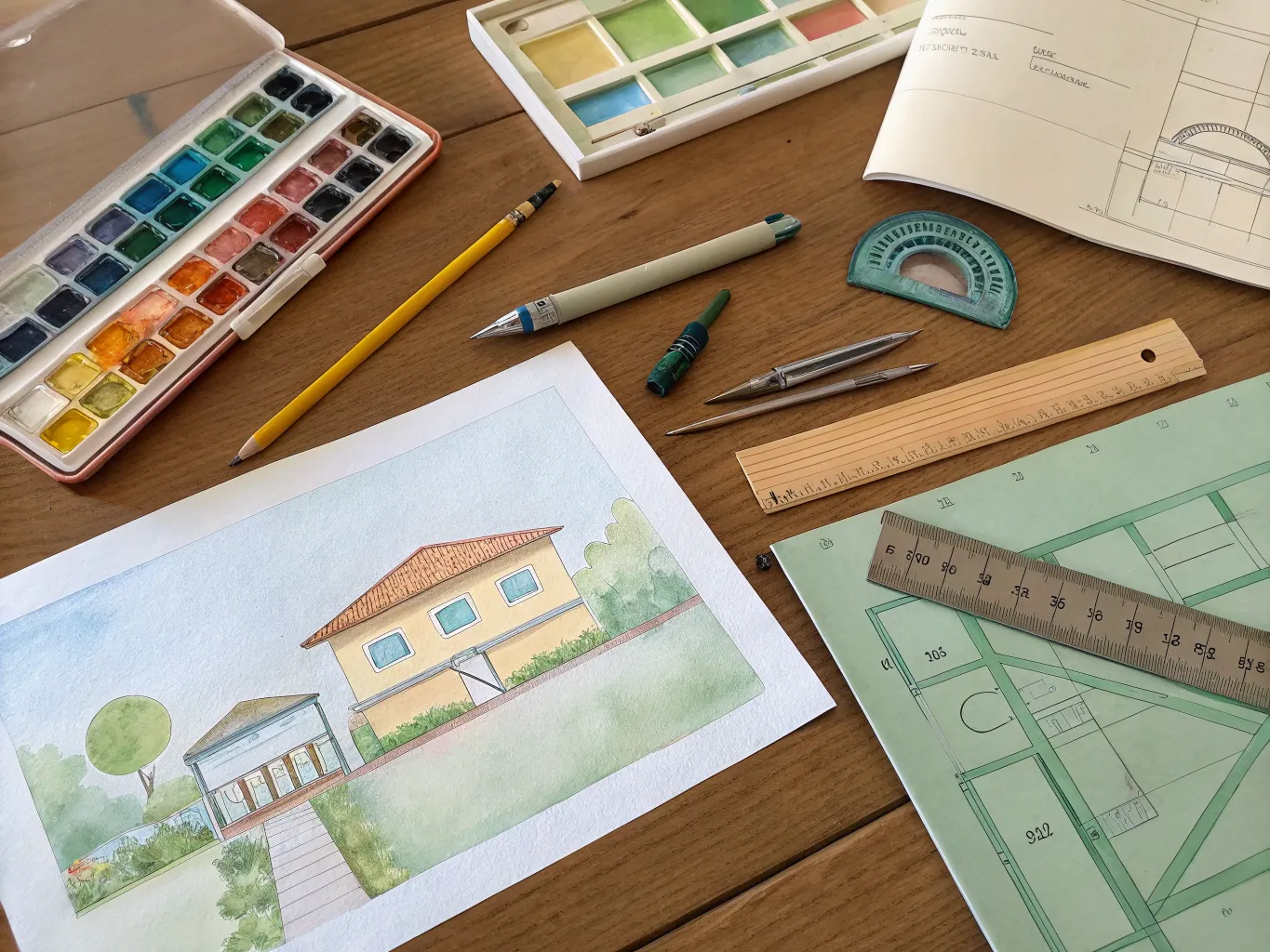 Watercolor painting composition showing planning and structure